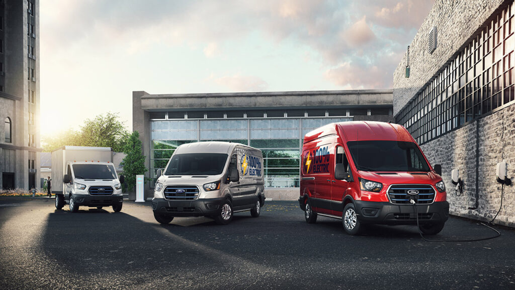 three ford commercial electric vehicle work trucks