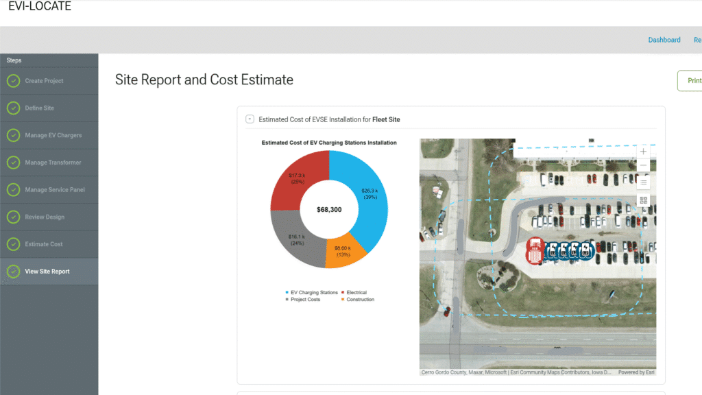 Donut chart with cost breakdown of EV charging stations, project costs, electrical, and construction, next to a satellite view of the parking lot.